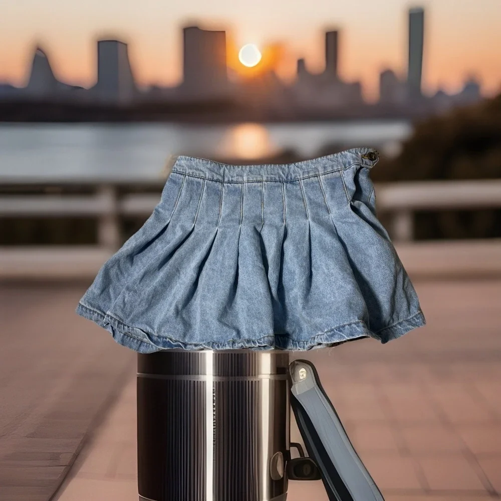 Forever 21 Women's Mini Skirt Blue Denim Pleated Preppy Large Juniors - Picture 2 of 6